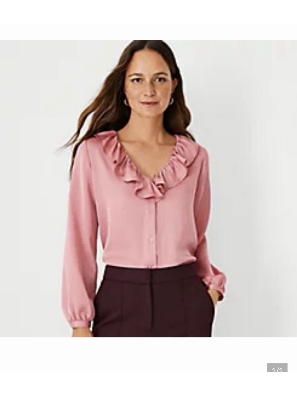 Ann Taylor Pink Satin Ruffle V-Neck Button Front Blouse Long Sleeve XS